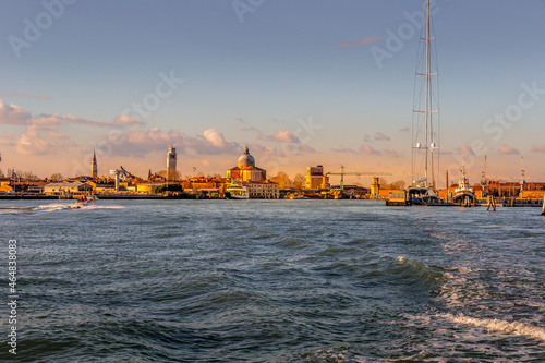 Venice city skyline from boat, view of Basilica of San Pietro di Castello, Venice, Italy