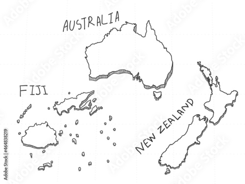 3 Australia 3D Map is composed Australia, Fiji and New Zealand. All hand drawn on white background.