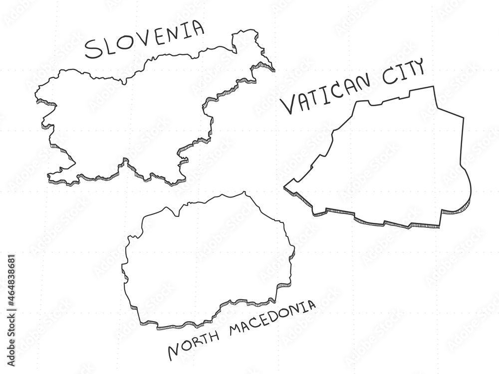 3 Europe 3D Map is composed of North Macedonia, Vatican City and Slovenia. All hand drawn on white background.