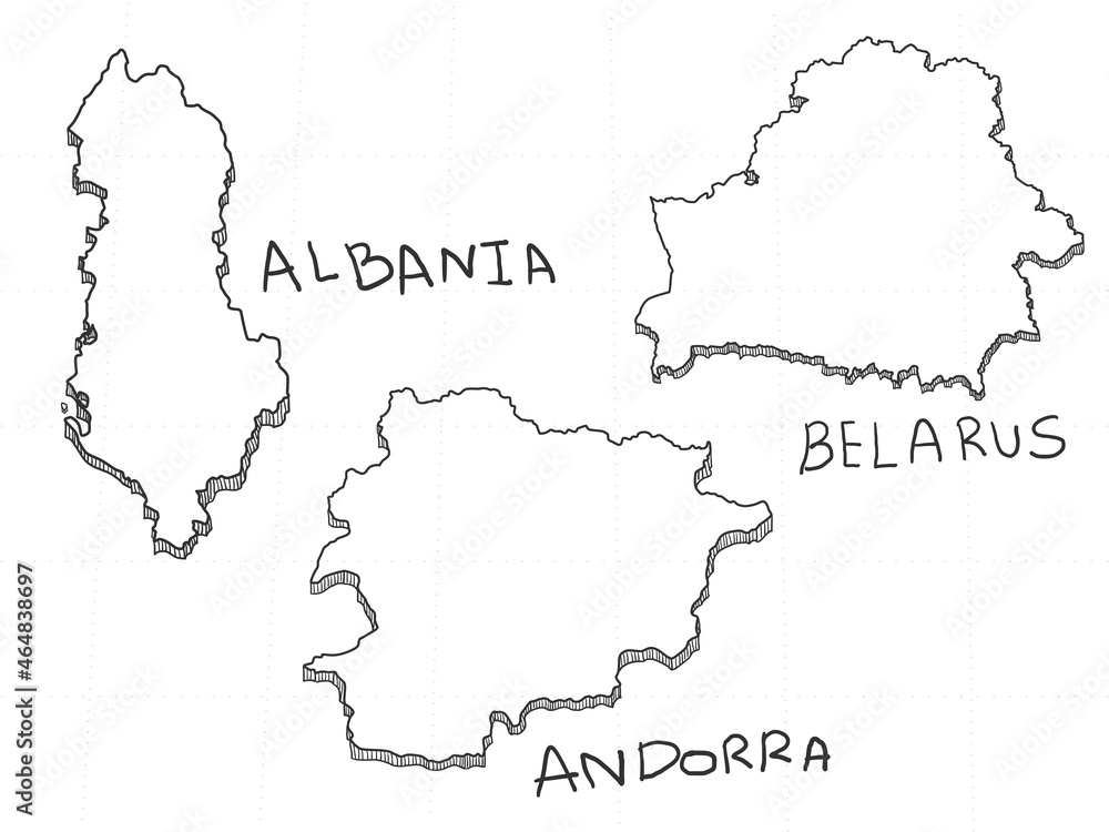 3 Europe 3D Map is composed Albania, Andorra and Belarus. All hand drawn on white background.