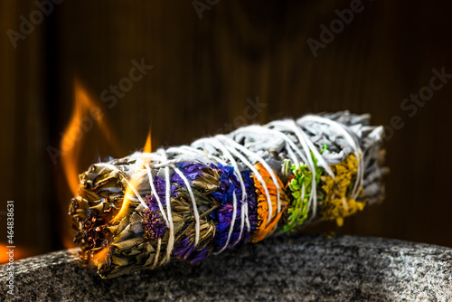 Sage Stick Smudging Ceremony. Burning Ritual for Meditation or Yoga