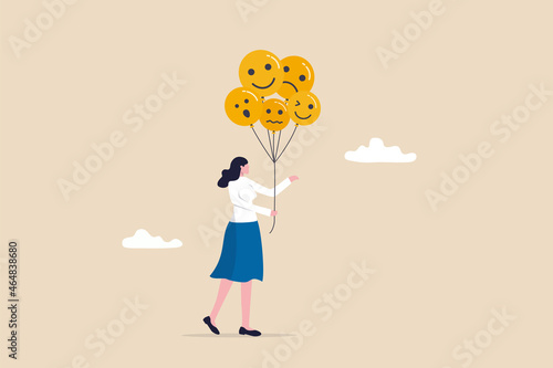 Emotional control and self regulation, stressed management or mental health awareness, feeling and expression concept, calm woman holding balloons with emotion or expression faces, happy, sad or fear.