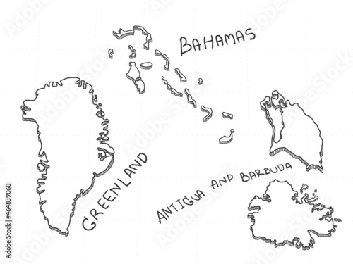 3 America 3D Map is composed Antigua and Barbuda, Bahamas and Greenland. All hand drawn on white background.