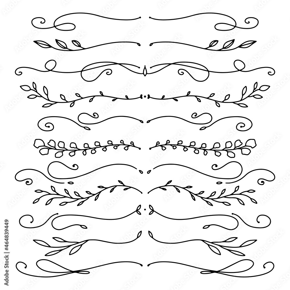 Set of decorative calligraphic elements for docoration. Floral branches. Doodle style