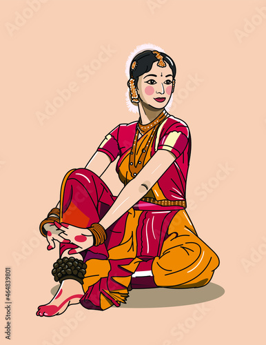 Indian woman is sitting in a Bharatnatyam dance pose wearing traditional clothes and ornaments.