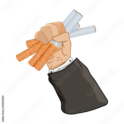 Cigarettes in fist hand isolated on white background. Cigarettes in man hand. Giving up smoking, stop smoking concept.World No Tobacco Day.Male hand holding cigarettes.Quit smoking.Vector illustration