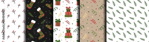 Set with christmas patterns. Patterns with christmas socks, fir branches, gifts, berries and confetti. Vector design for winter celebration.
