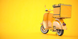 Scooter express delivery service. Yellow motor bike with delivery bag  on yellow background.