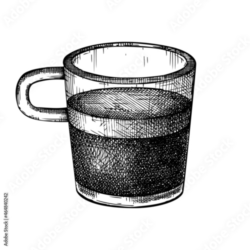  Morning coffee cup - hand-sketched illustration. Vector sketch of  mug with aromatic espresso coffee. Hot drink hand-drawing isolated on white background