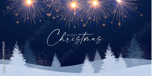 Merry Christmas and Happy New Year design template with fir trees, fireworks and snow. Coniferous forest with lights.