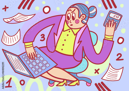 A serious accountant works at a laptop with a calculator in her hand.
