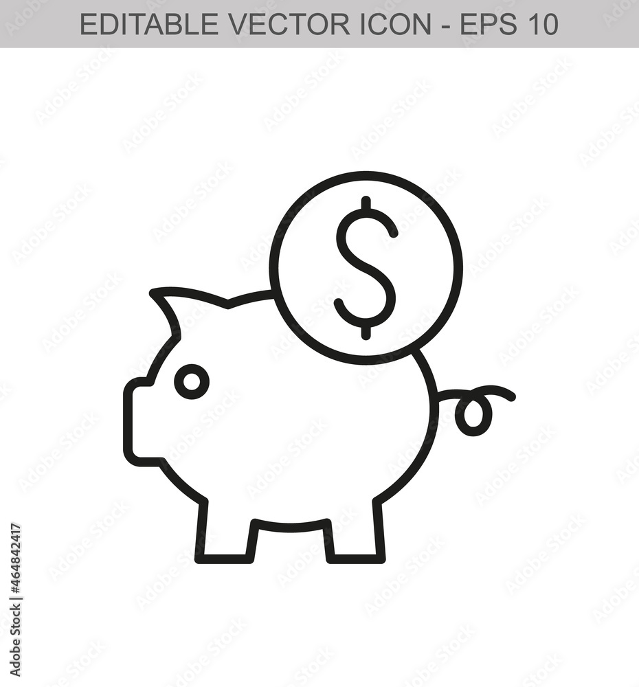 Piggy bank with a dollar coin. Editable stroke line icon. Vector illustration Piggy bank with a dollar coin. Editable stroke line icon. Vector illustration