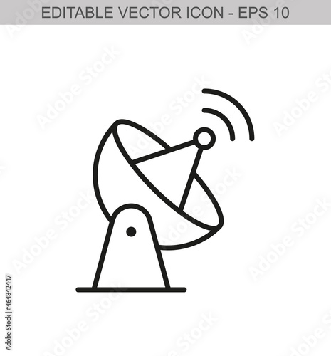 Satellite dish. Searching radio signals. Editable stroke line icon. Vector illustration