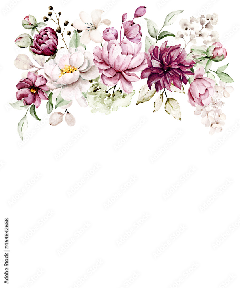 Watercolor flowers peonies, floral border bouquet for greeting card, invitation and other printing design. Isolated on white. Hand drawing.