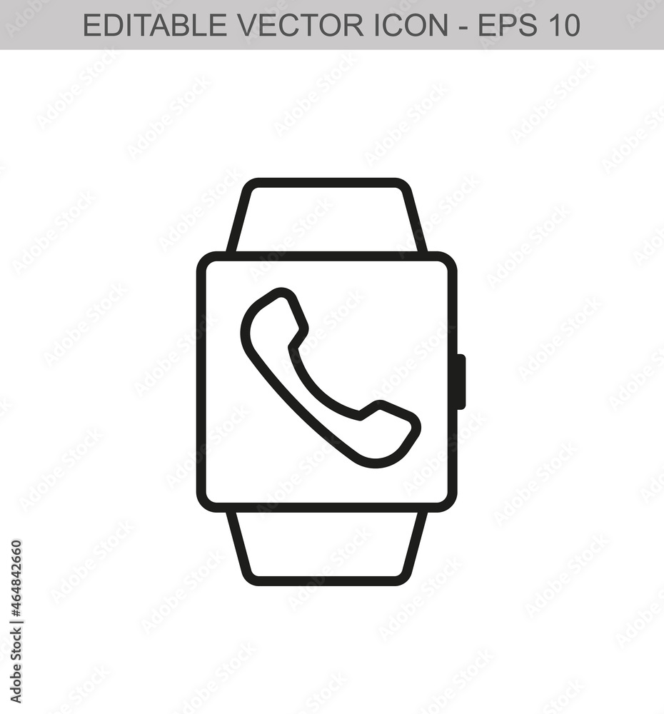 Smart watch with handset sign. Editable stroke line icon. Vector illustration Smart watch with handset sign. Editable stroke line icon. Vector illustration