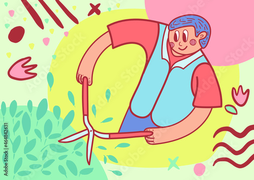 The gardener cuts the bush with garden shears
