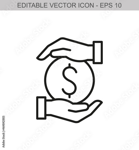 Two hands hold a coin. Editable stroke line icon. Vector illustration