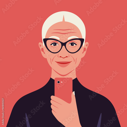 Portrait of a happy old woman with a smartphone. Social media for elderly people. Avatar. Vector flat illustration