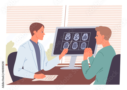 Doctor receives the patient and examines his MRI scan