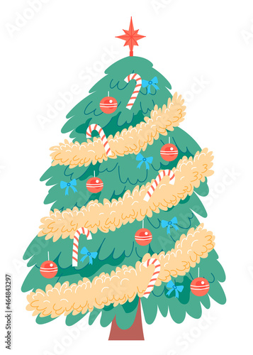 Decorated Christmas tree. Vector, isolated on white background