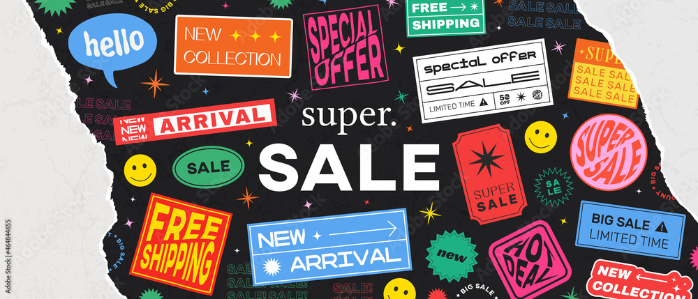 Cool Trendy Sale Banner Vector Design. Hipster background with promo label stickers. Torn Page Effect. - obrazy, fototapety, plakaty 