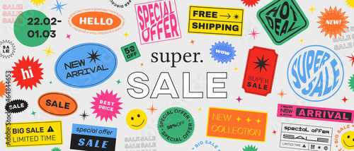 Special Offer Super Sale Banner Vector Design. Hipster background with promo label stickers.