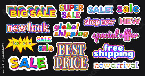 Set of Funny Sale Stickers Vector Design. Cartoon colorful promo discount patches.