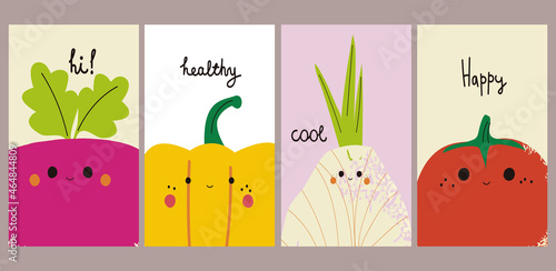 Set of funny cards with vegetables. Childish graphic. Vector hand drawn illustration.