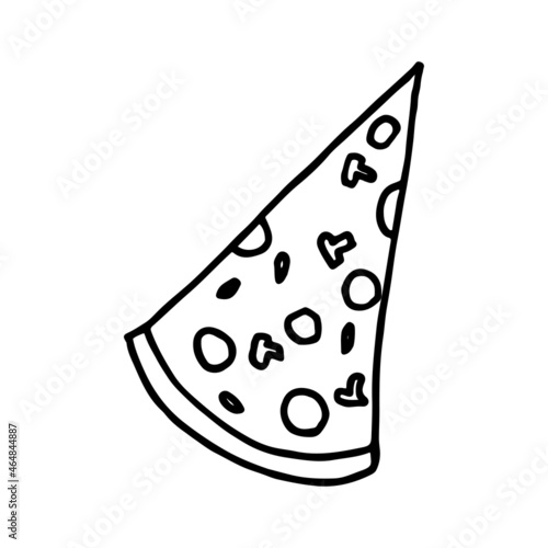 A slice of pizza with sausage and mushrooms with a crust in doodle style. Hand drawn illustration.
