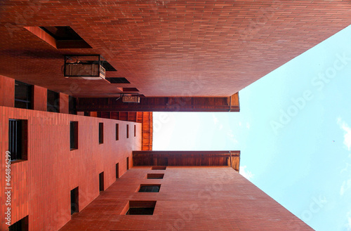 bottom view of brick building