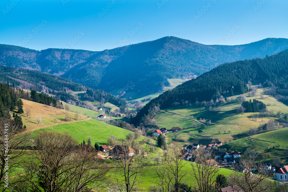 Germany, Schwarzwald panorama view above green tree covered mountains and valleys with blue sky in early morning in little village