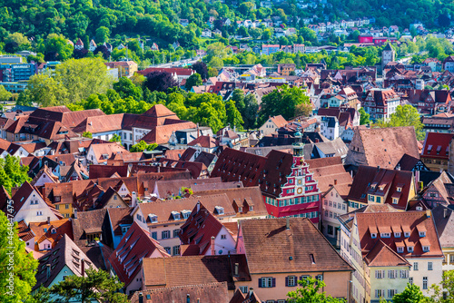 Germany, Esslingen am Neckar city old town houses and roofs panorama view above the old red tow hall building