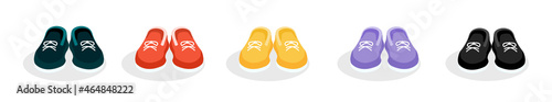 Set of sneakers in red, black, yellow, purple colors on an isolated background. Vector illustration of bright shoes. Flat design.