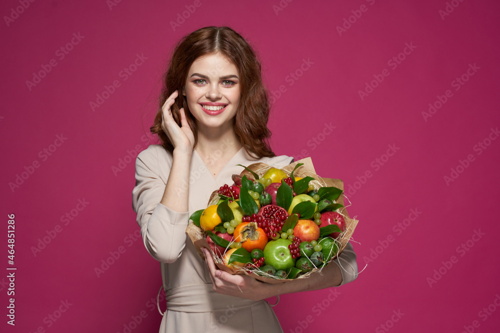 beautiful woman fun posing fruit bouquet vitamins Studio Model beautiful woman fun posing fruit bouquet vitamins Studio Model