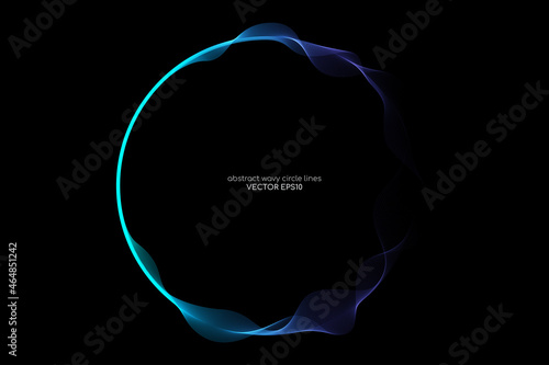 Vector abstract circle frame with wave lines pattern flowing in blue green colors isolated on black background in concept of music, technology, ai