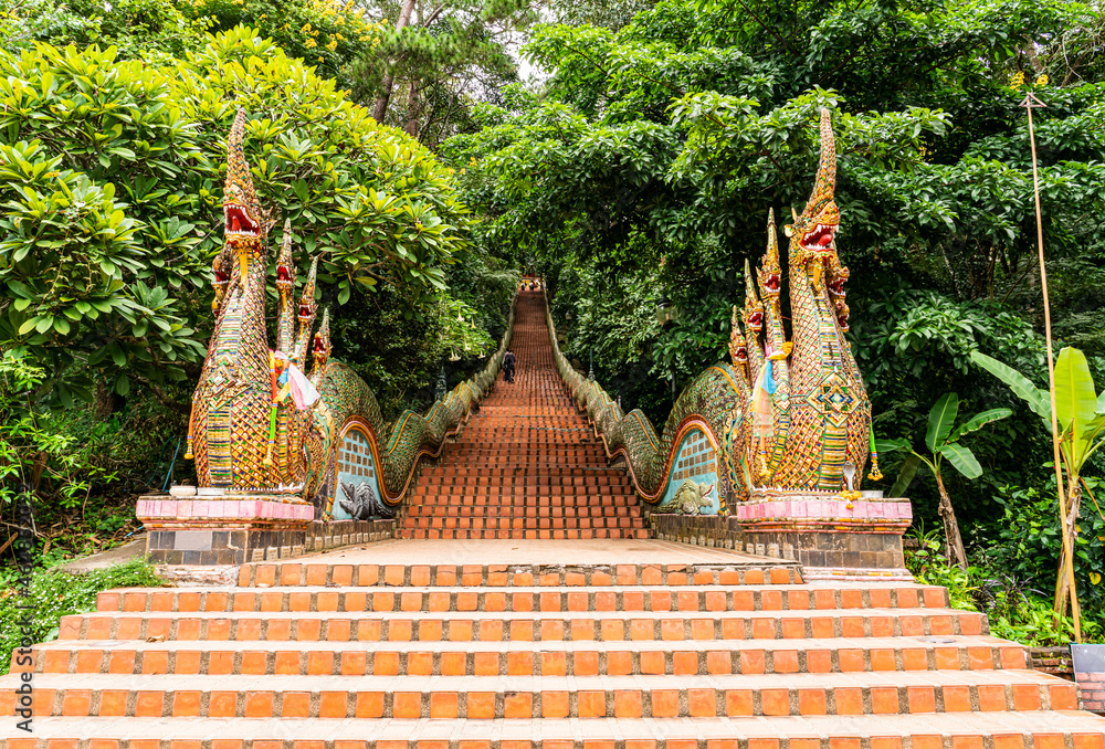 Naga stairway at the entrance of Wat Phra That Doi Suthep, Chiangmai Thailand