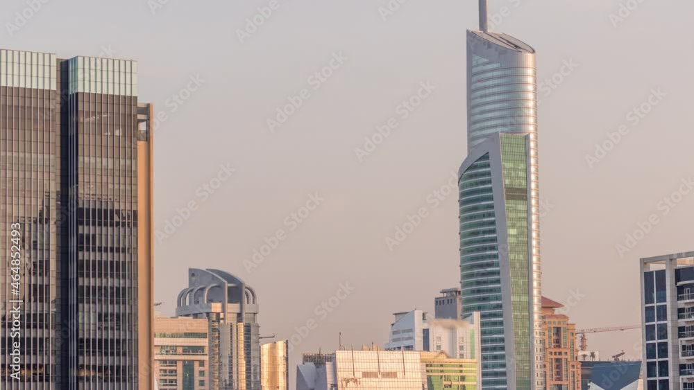 Dubai Marina Skyline with JLT district skyscrapers on a background aerial timelapse. Dubai Marina Skyline with JLT district skyscrapers on a background aerial timelapse.