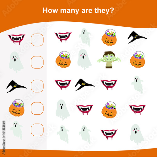 How many are they game. Counting Halloween item in the picture and write the result. Cute math worksheet. Educational printable math worksheet. Vector illustration.
