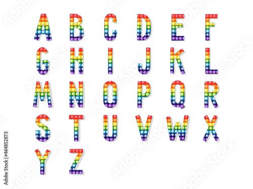 Pop it fidget toy rainbow colors full alphabet. Vector set.