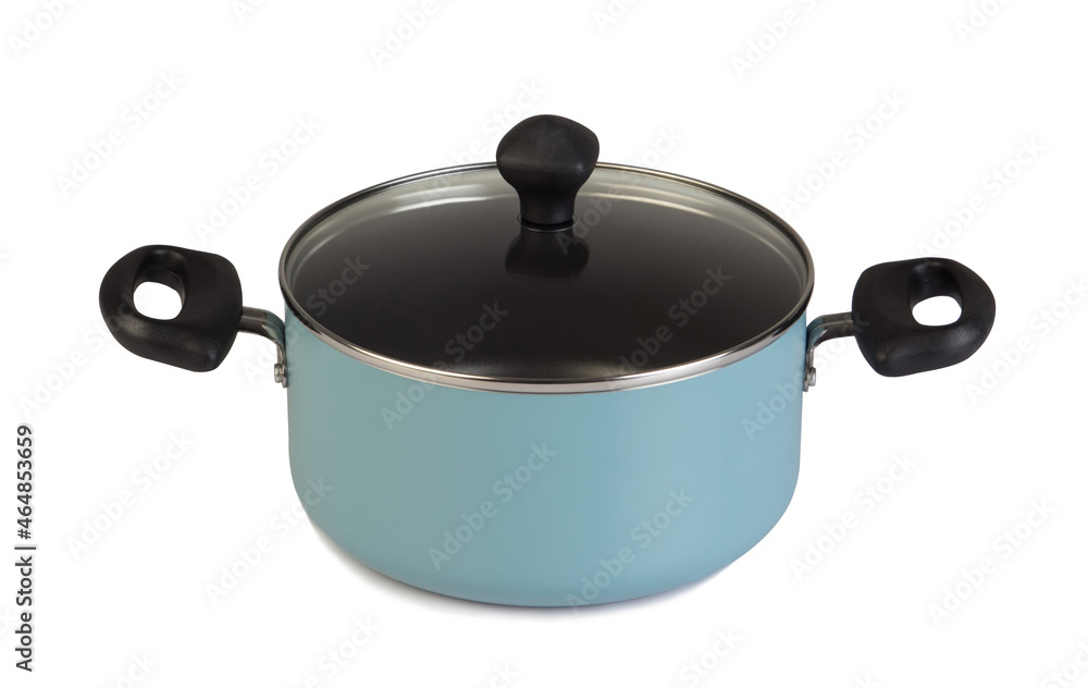 Empty non-stick pot with glass lid isolated on white background Empty non-stick pot with glass lid isolated on white background