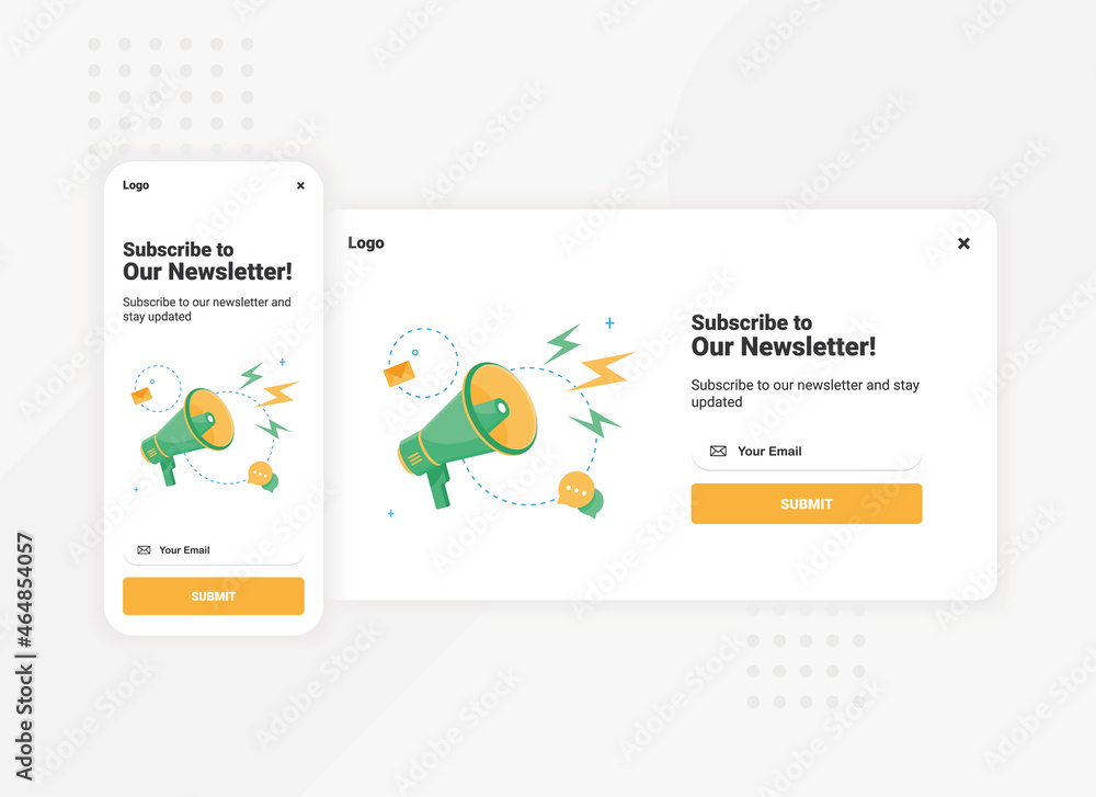 Subscription to newsletter pop up banner template for mobile and desktop version