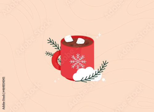 Cute Christmas illustration with a cup of cocoa with marshmallows