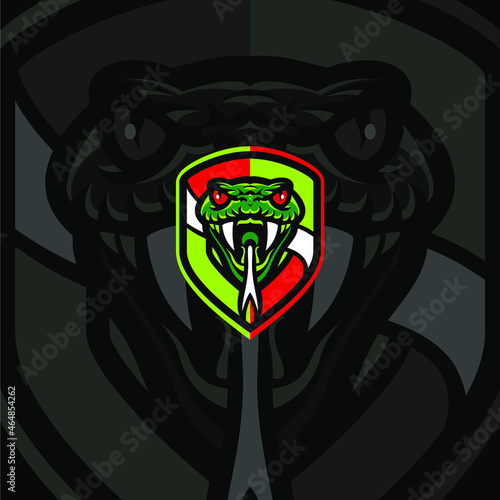 Fototapeta Naklejka Na Ścianę i Meble -  Cartoon Snake Head Mascot With Red And Green Color Shield