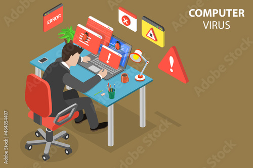 3D Isometric Flat Vector Conceptual Illustration of Computer Virus, Cybersecurity Threat and System Error Notification