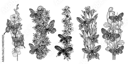 Tattoo art flower and butterfly hand drawing and sketch black and white