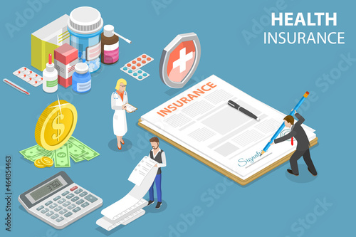 3D Isometric Flat Vector Conceptual Illustration of Health Insurance, Signing Policy Document