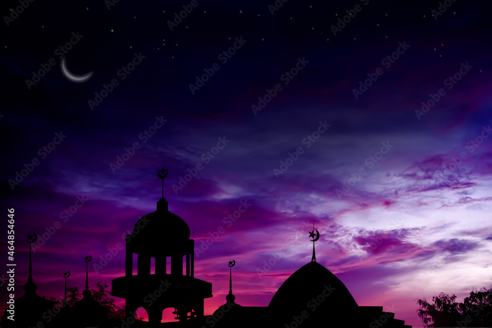 Shadow Mosques Dome on twilight gradient black and gold  background. for eid al-fitr, arabic, Eid al-adha, new year muharram. Ramadan kareem religion symbols.