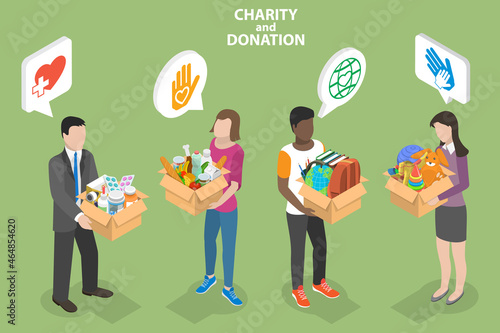 3D Isometric Flat Vector Conceptual Illustration of Charity And Donation, Set of Volunteers with Donation Boxes