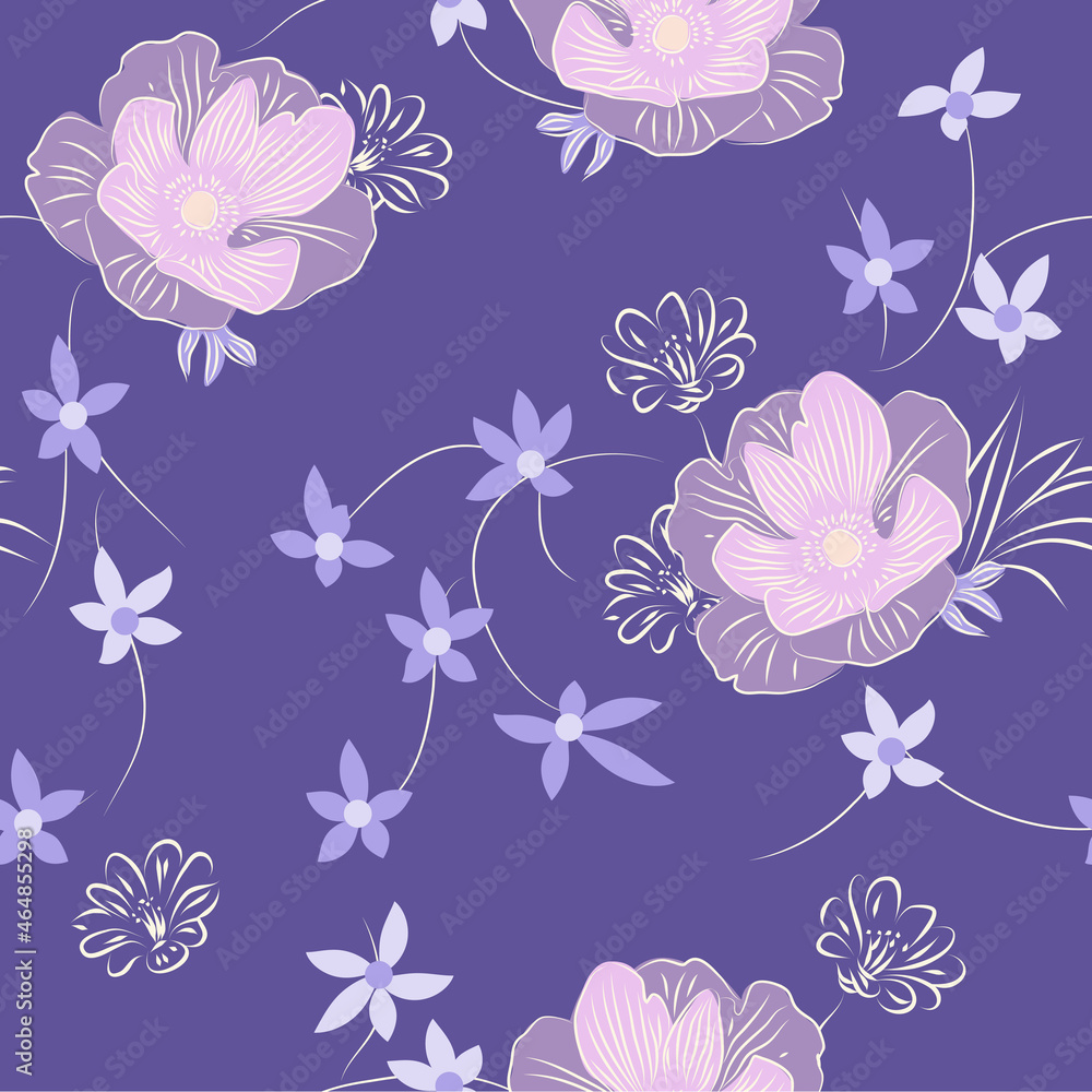 Luxurious floral seamless pattern with pink flowers on purple background. Floral background for printing on fabric, clothing, home textiles, wallpaper, gift wrapping.Line art.