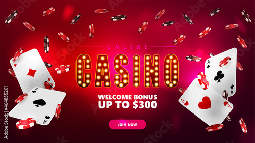 Online casino, banner for website with button, poker chips and playing cards